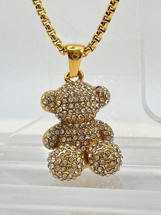 Stone studded teddy bear necklace